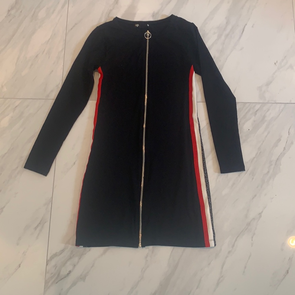 Global Love front zip black dress with red & white stripe on sides size M
